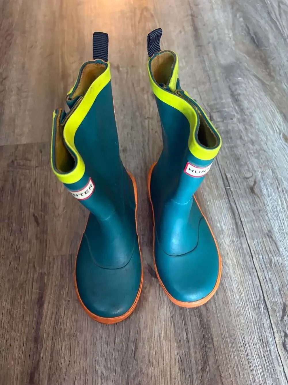 Hunter Kids Teal and Orange Rain Boots with Yellow Trim